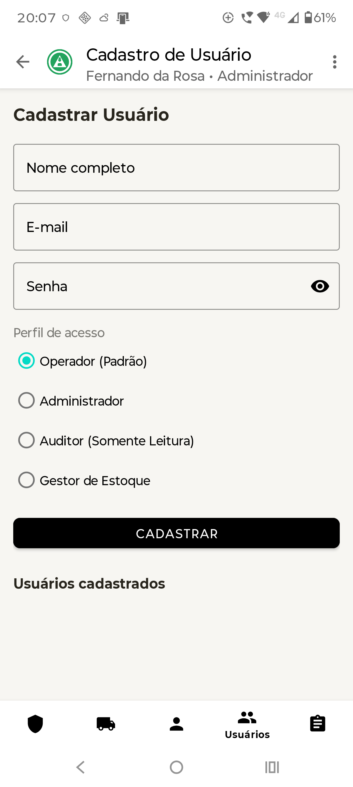 Tela de Cadastro de Usuário — App Controle de EPI